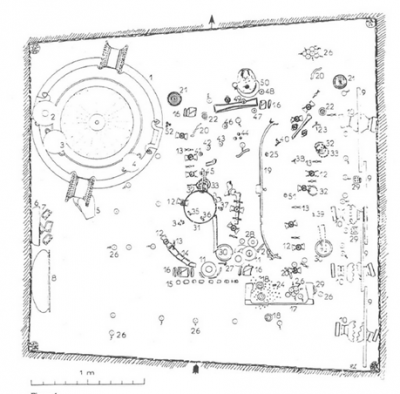 Figure 2. Plan of the Vix burial chamber: with traditional male indicators such as wagon associated artefacts (e.g. numbers 9, iron wheel rim, 10, hub sheaths, 17, decorative front panels from the wagon). (Arnold 1991, 367).